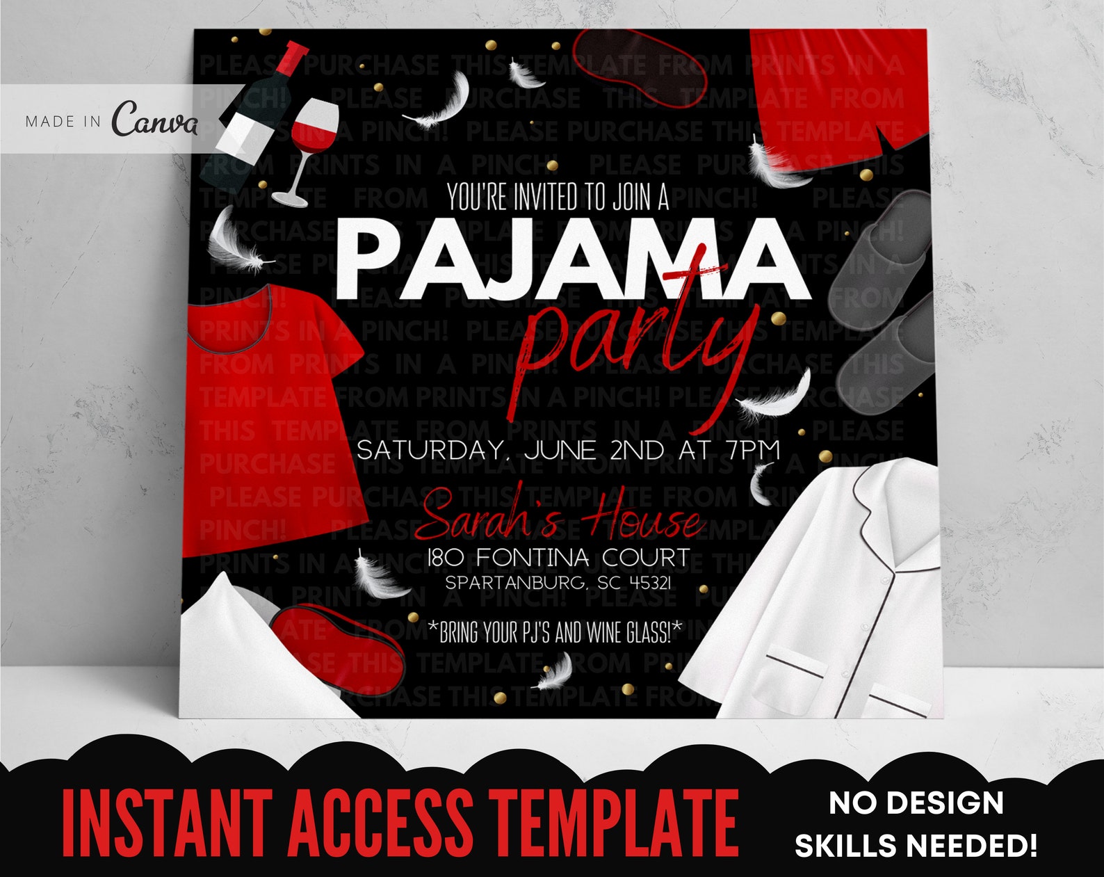 Adult Pajama Party Black and Red Invitation Template Girls Night in ...