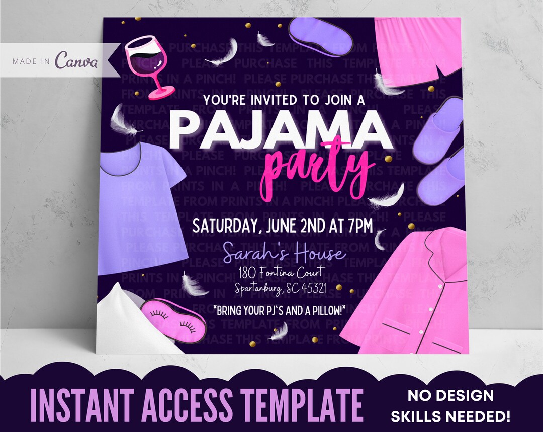 Adult Pajama Party Purple/pink Invitation Template Girls Night in ...