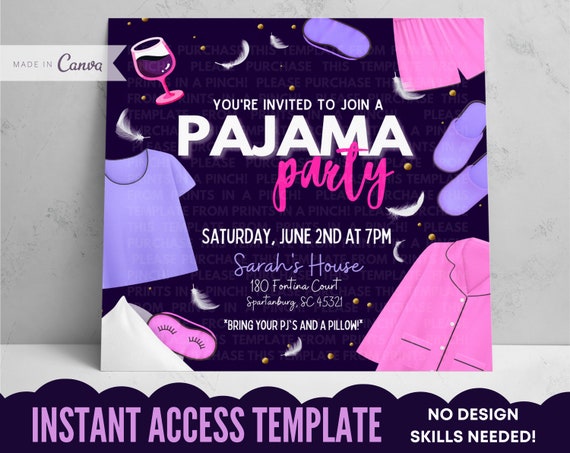 Adult Pajama Party Purple pink Invitation Template Girls Night in Sleepover Slumber Party Ladies Night Out quarantined Invite Etsy Canada