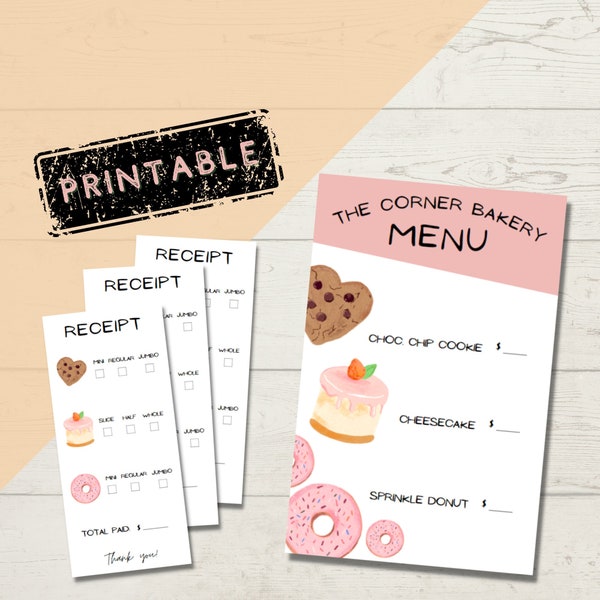 Printable Bakery Menus and Receipts for Kids Creative Play, Pretend Bakery Menu & Receipts, Bake Shop Toys, Digital Pretend Play Props