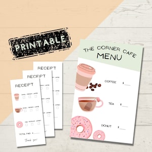 Menus e recibos de café para impressão para crianças, brincadeiras criativas, menu de cafeteria fingida e recibos para crianças