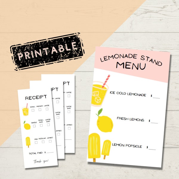 Printable Lemonade Stand Menus and Receipts for Kids Creative Play, Pretend Lemon Theme Menu & Receipts for Kids