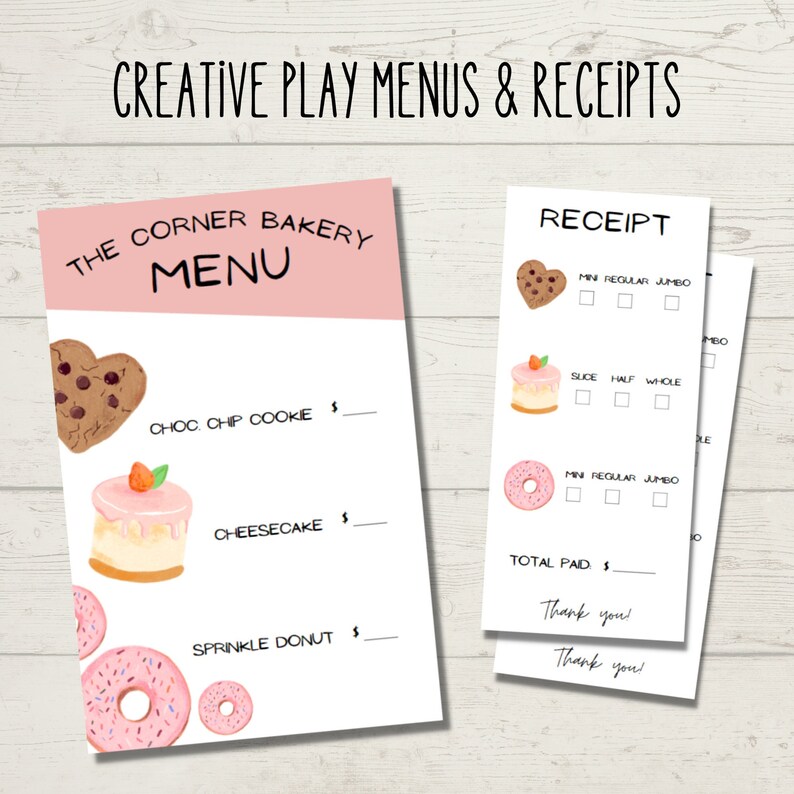 Printable Bakery Menus and Receipts for Kids Creative Play - Etsy