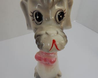 Long neck anthropomorphic poodle//Japan//kitschy/vintage/midcentury/1950s/grey/pink/ceramic/bow tie/cute/dog/napco/puppy/tall/cute