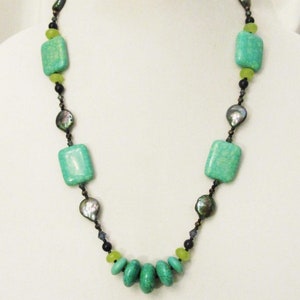 Turquoise Mixed Natural Stone Statement Necklace, Handmade Gift for Her, December Birthstone Gift, Beaded Turquoise, Coin Pearl, Onyx,  OOAK