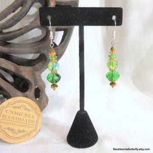 Green Crystal Dangle Earrings, Handmade Crystal Jewelry, Clip On or Pierced Earrings