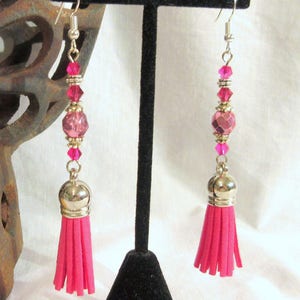 Bright Pink Tassel Earrings, Bright Pink Crystal, Silver and Tassel Dangle Earrings, Clip On or Pierced Handmade Gift for Her
