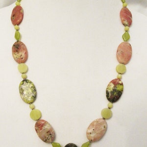 Beautiful and Unique Pink and Yellow Green Sesame Jasper and Jade Long Necklace, Natural Stone Handmade Boho Statement Necklace Gift for Her