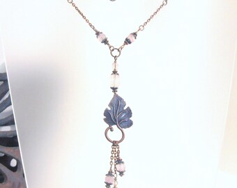 Handmade Rose Quartz Y Necklace: Long Beaded Tassel, Copper Accents