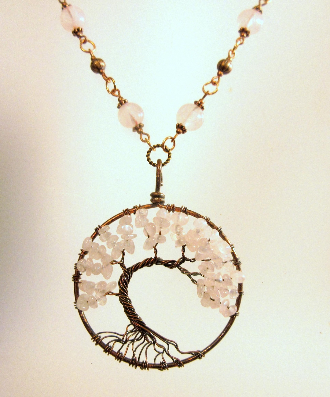 Handmade Rose Quartz Tree of Life Necklace, Beaded Copper Chain - Etsy
