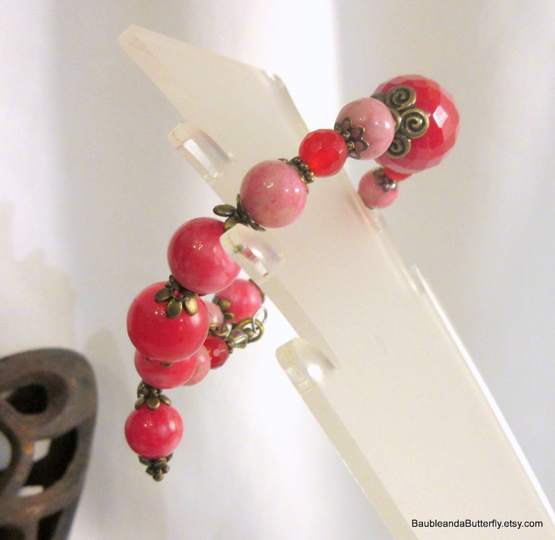 Pink Jade Bracelet Adjustable Beaded Dangle Bangle Valentines DayGift for Her Jade and Bronze Bangle Bracelet Memory Wire Bracelet