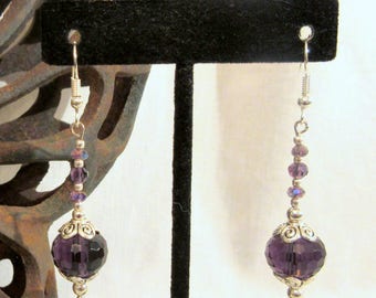 Purple Crystal Dangle Earrings, Silver Accents, Handmade