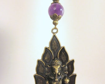 Bronze Ganesh Pendant Necklace: Amethyst, Turquoise, Hindu Jewelry
