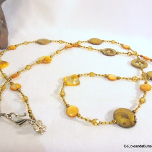 Long Golden Mother of Pearl Necklace, Double Wrap or Great for Layering Shell and Crystal Beaded Necklace, Handmade One of a Kind Gift