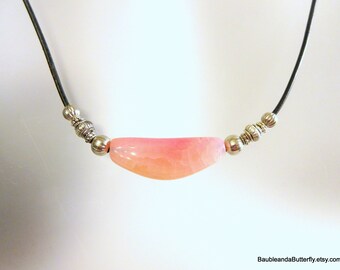 Pink Agate Leather Necklace: Handmade Boho Gemstone Jewelry