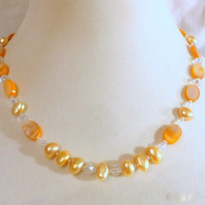 Peach Mother of Pearl Shell, Freshwater Pearl and  Crystal Necklace, Handmade, Mothers Day Necklace, Gift for Her, June Birthstone Necklace