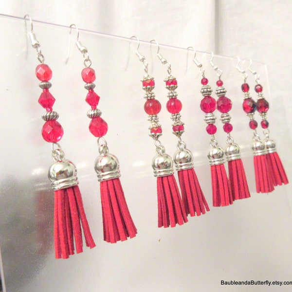 Tassel Earrings, Gift for Her, Handmade, Red Tassels, Crystal, Stick Earrings, Long Dangle, Boho Earrings, Clip On or Pierced, U Pick