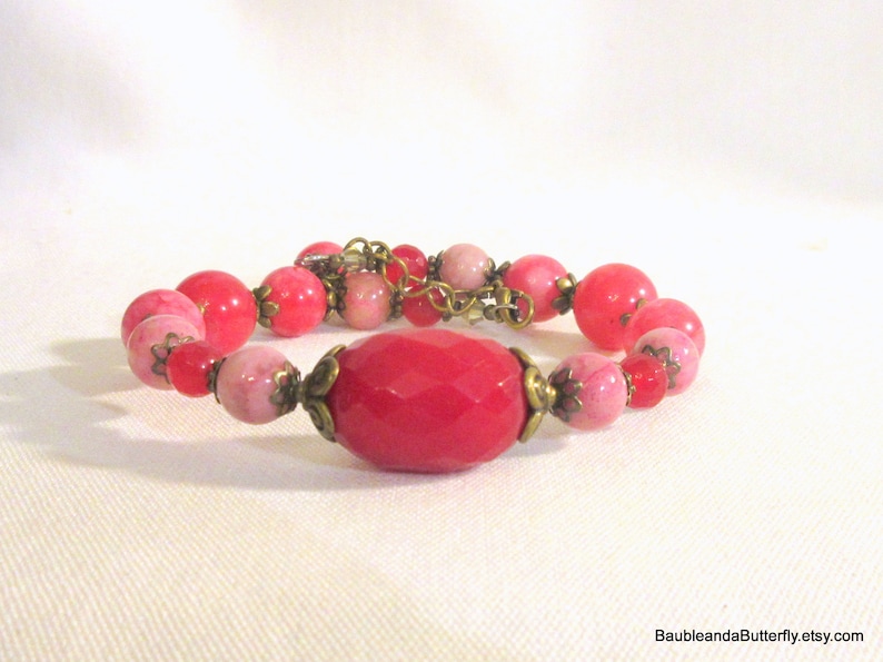 Pink Jade Bracelet Adjustable Beaded Dangle Bangle Valentines DayGift for Her Jade and Bronze Bangle Bracelet Memory Wire Bracelet