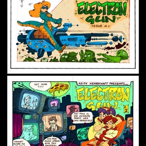 May include: Two comic book covers. The first features a woman riding a futuristic weapon, with the text "ELECTRON GUN" and "ISSUE #1". The second cover shows multiple televisions and the text "ELECTRON GUN" and "ISSUE #2".