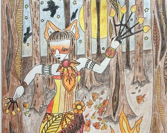 Fire Dancer in the Forest Colouring Page