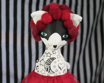 Painted Tattooed Lady, Tuxedo Cat Doll, Vintage Circus, Small OOAK Art Doll