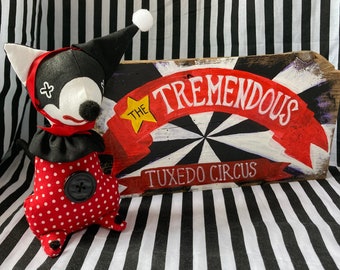 Tuxedo Cat Clown Doll in Red Polka Dots