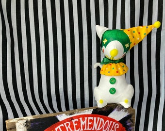 Small Cat Clown Doll in White, Yellow and Green