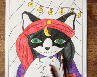 Cat Fortune Teller, Vintage Circus, Colouring Page