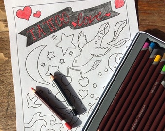 Vintage Rockabilly Tattoo Designs Colouring Page