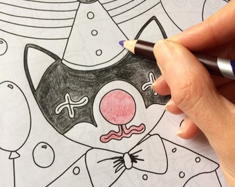 Sad Cat Clown Colouring Page