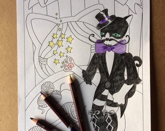 Cat Ringmaster Vintage Circus Colouring Page