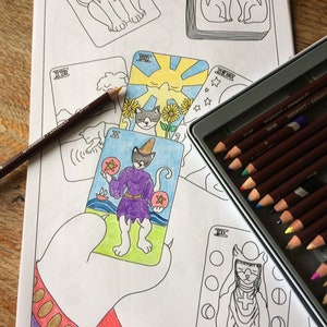 Cat Themed Tarot Card Reading Colouring Page