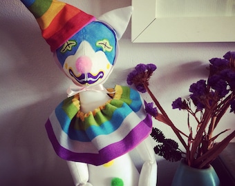 Vintage Circus Clown Doll, Cat Cloth Doll, Art Textile OOAK Doll