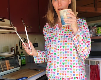 Rainbow Heart Print Cotton Pajama Set, Short/Long Sleeve, Pants/Shorts