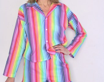 Rainbow Stripe Print Cotton Pajama Set, Short/Long Sleeve, Pants/Shorts