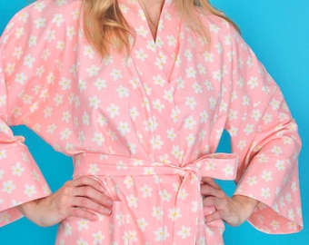 Cozy Cotton Flannel Robe in Pink Posie Print With Custom Lengths Available