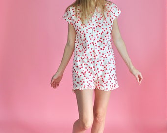 Sweet Heart Print Cotton Pajama Set, Short/Long Sleeve, Pants/Shorts