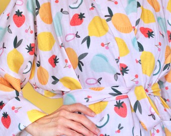 Cotton Double Gauze Robe in Cute-y Fruity – Pretty Housecoat Available in Custom Lengths
