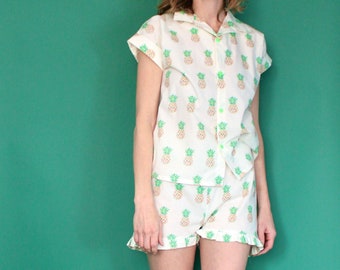 Pineapple Fruit Print Cotton Pajama Set, Short/Long Sleeve, Pants/Shorts