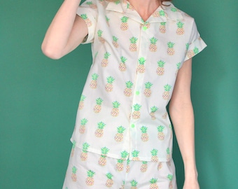 Pineapple Fruit Print Cotton Pajama Gift Set, Short/Long Sleeve, Pants/Shorts