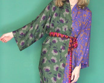 Kimono Wrap Robe with Mixed Art Nouveau Floral Prints; Available in Custom Lengths
