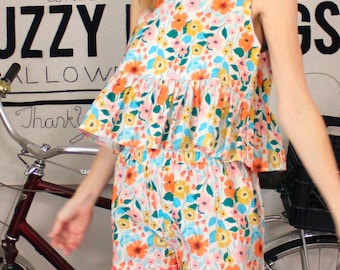 Cotton Lounge Set of a Peplum Tank and Shorties in a Vintage Floral Print