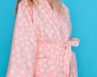 Cozy Cotton Flannel Robe in Pink Posie Print With Custom Lengths Available