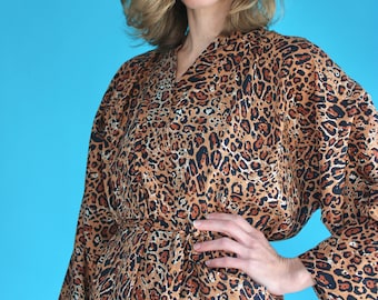 Pretty Housecoat or Kimono Robe, Silky Washable Rayon With Customizable Lengths in Leopard Print