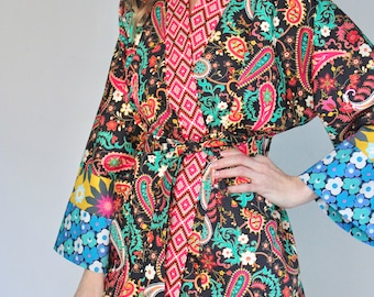 Sample Sale Cotton Kimono Robe, Medium Size Midi Length in Boho Paisley