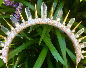 Golden Ray, Quartz Crystal Tiara, Crystal Point Headpiece, Halo Tiara