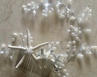 Silver Kailani Starfish Hair Comb, Beach Wedding Hair Vine, Beach Bride Headpiece