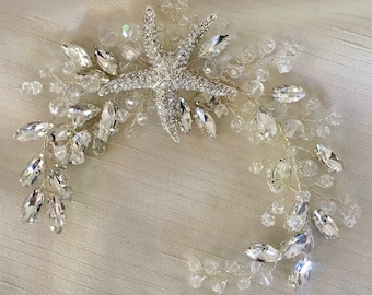 Jewel Starfish Headband, Beach Wedding Hair Vine, Comb Option, Beach Bride Headpiece