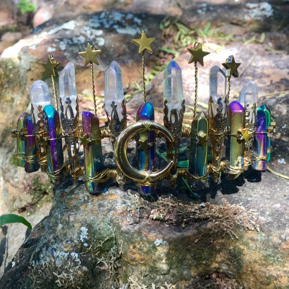 Gold and Light Iridescent Natural-Crystal Tiara Crescent Moon Crown Celestial Moon Goddess Bridal Crown – CARBICKOVA CROWNS main image 3