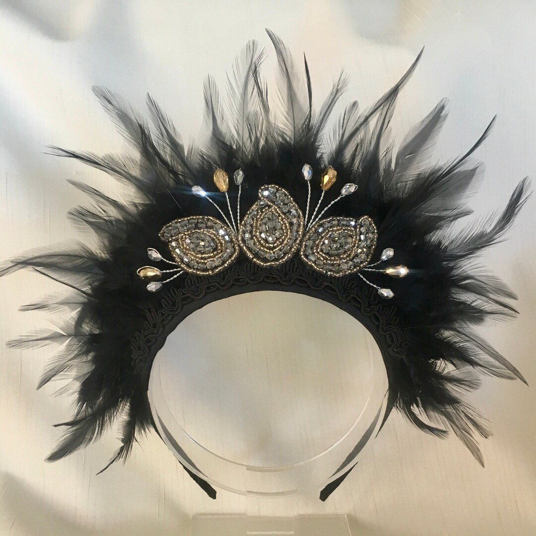 Black Beaded, Feather Headdress, Feather Headpiece, Feather Crown Etsy